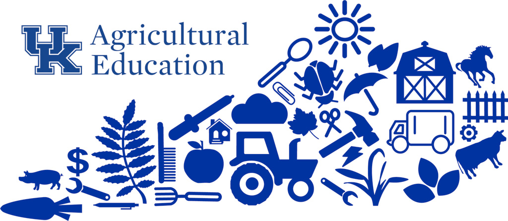 a graphic creation of an outline of the State of Kentucky with various agricultural elements filling in the state.  It is all wildcat blue against a white background.  The UK Agricultural Education wordmark sits above the state graphic to the left 