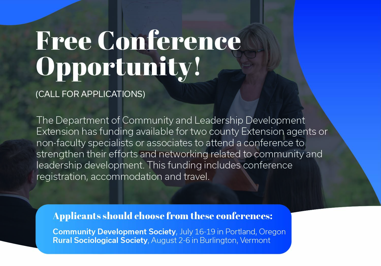 Flyer for free conference opportunity with information and background photo of conference speaker