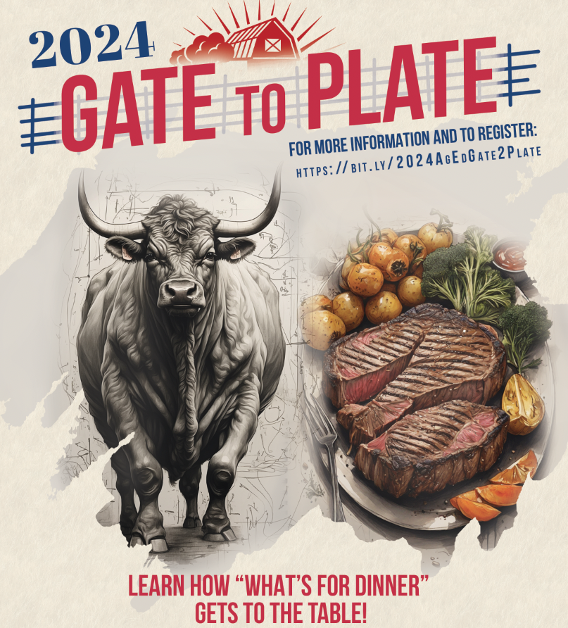 Gate to Plate Flyer with information about event and drawing of Steer and Steak with food plate