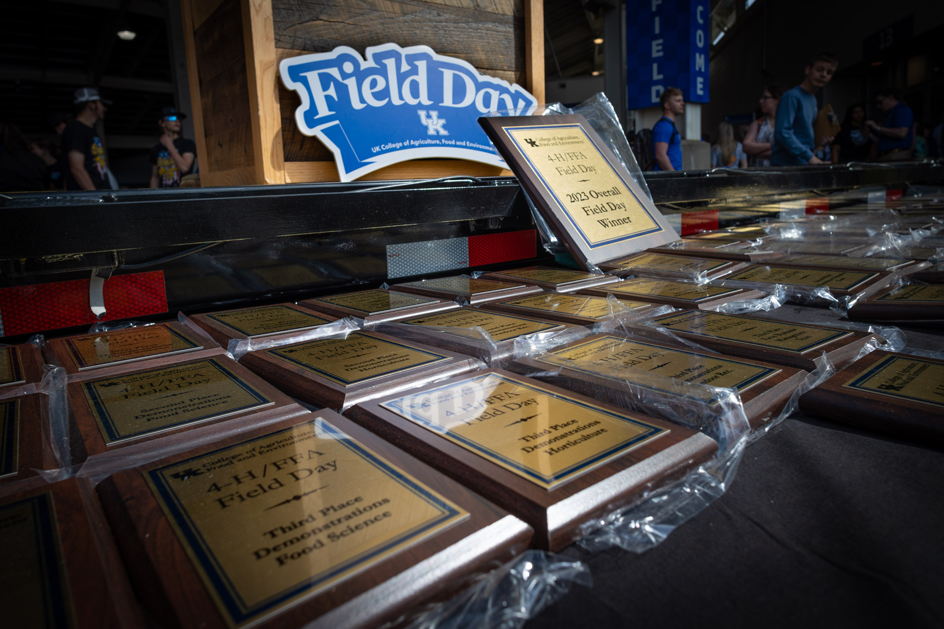 Image of UK Field Day Awards laying on a table with the Field Day logo sign behind them