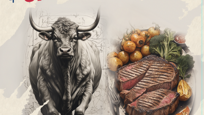 Part of a flyer that has a beef steer and a plate with steak with other farm type graphics
